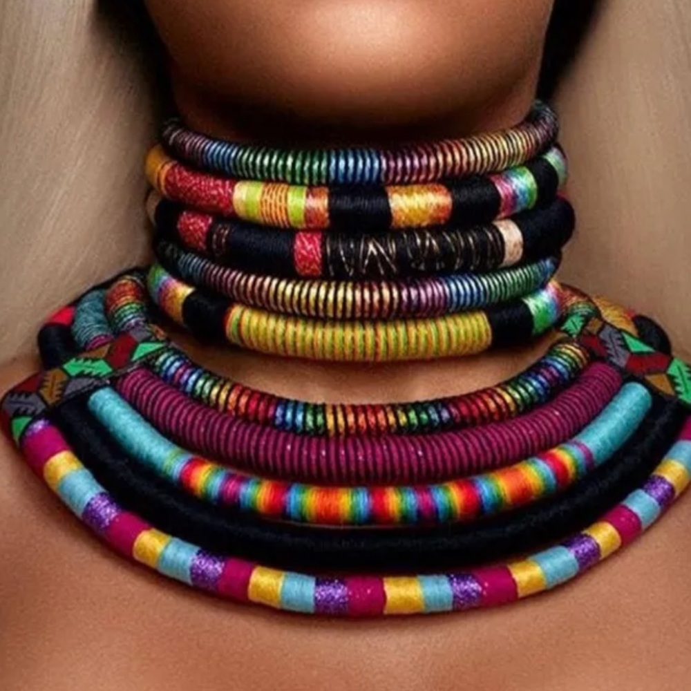 African Tribal Print Multi-Color Wrapped Textile Choker Necklace - Women Jewelry